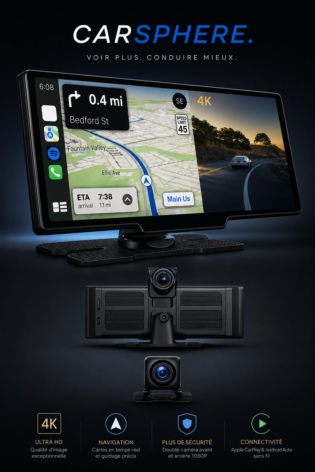 Écran Universel Auto Double Caméras
